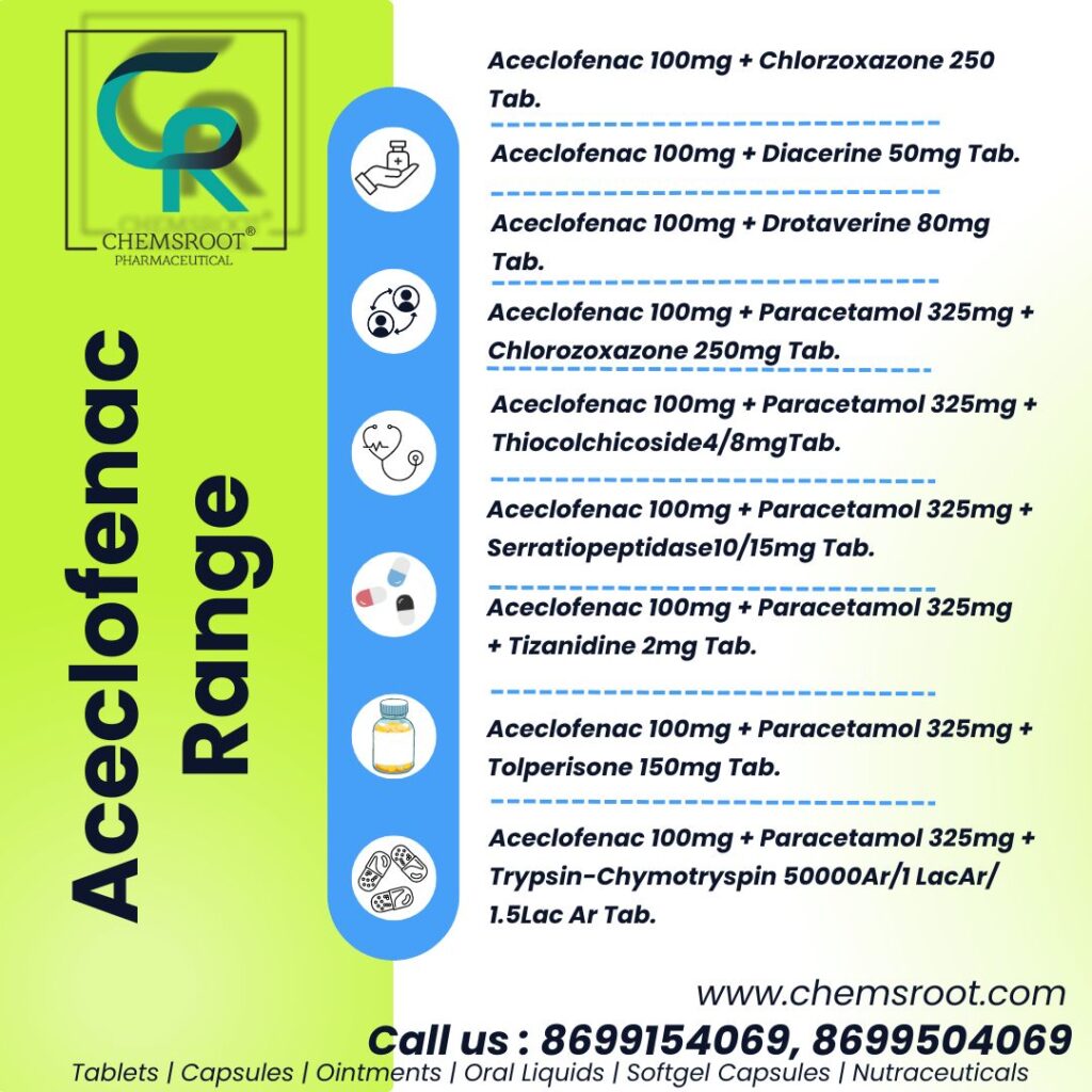 aceclofenac paracetamol, aceclofenac paracetamol serratiopeptide, aceclofenac paracetamol thiocolchicoside, tolperisone, third party manufacturing,chemsroot pharmaceutical, trypsin chymotrypsin,chemsroot pharma.